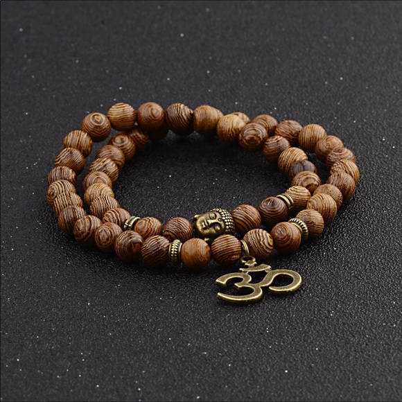 Unisex Wood Meditation Mala bracelet with bronze OM - Picture 2 of 2